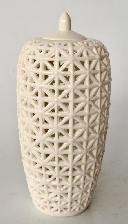 Tall White Criss Cross Cut-Out Jar With Lid